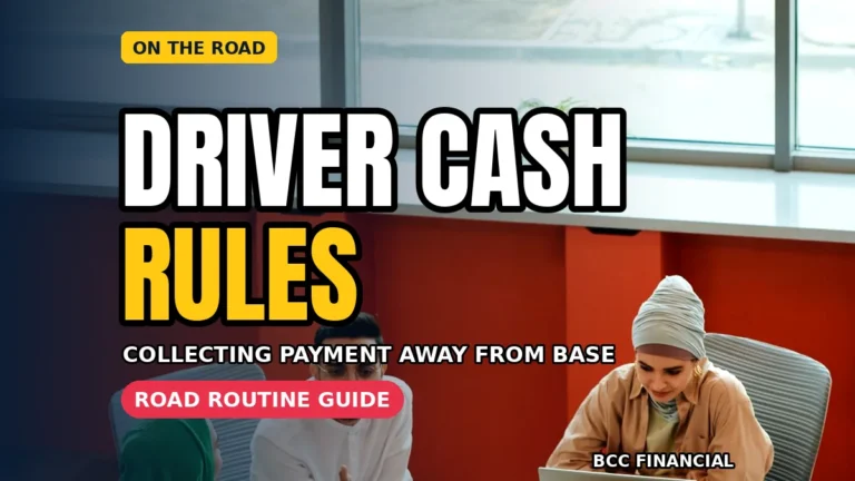 Driver practising cash handling for delivery drivers with a locked pouch and run sheet