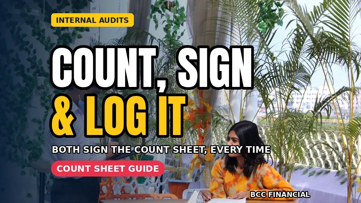 Signed cash count form showing float sales and payouts reconciled during an internal check