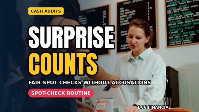 Supervisor running surprise cash counts fairly with a cashier present at the till