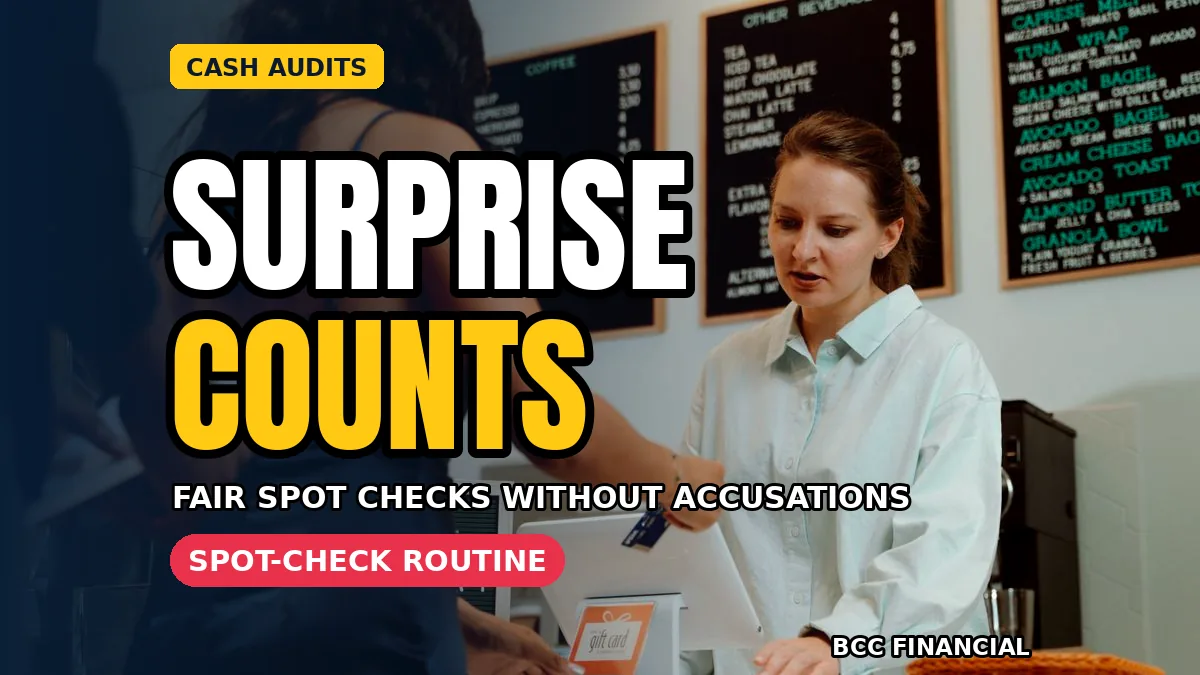 Supervisor running surprise cash counts fairly with a cashier present at the till