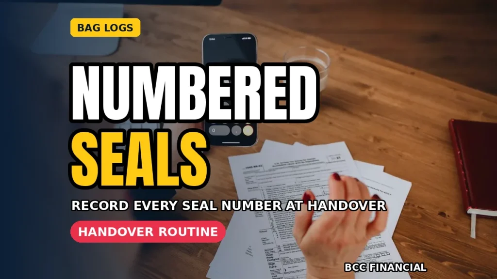 Staff member recording a numbered seal in a cash bag log before a secure handover