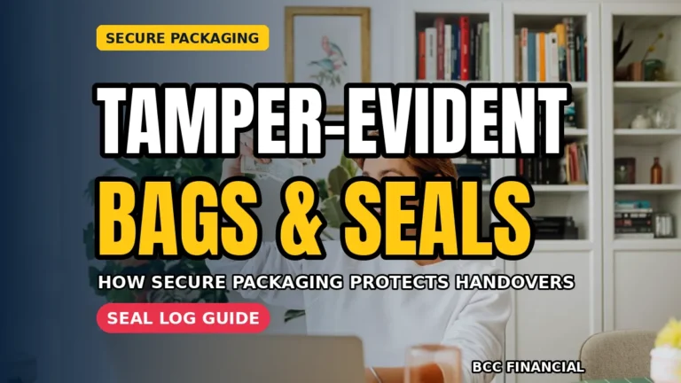 Tamper evident cash bags with numbered seals held by a business owner at a cash counter