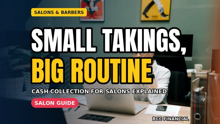 Cash collection for salons shown by an owner counting daily takings at a salon front desk