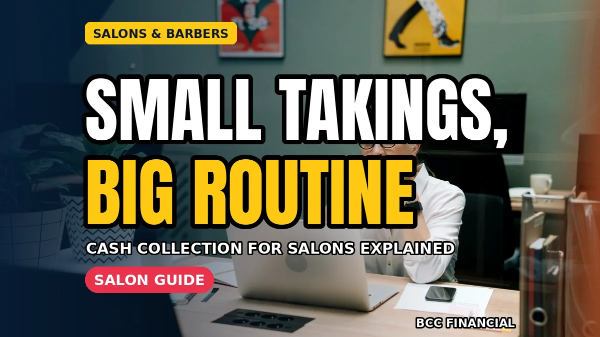 Cash collection for salons shown by an owner counting daily takings at a salon front desk