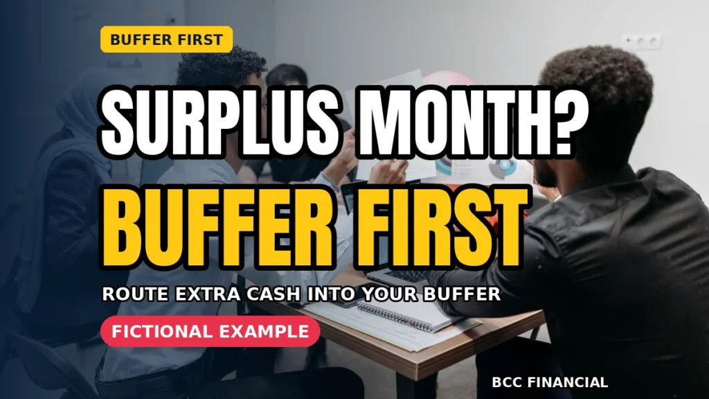 Business owner moving a strong month surplus into a separate buffer account on paper