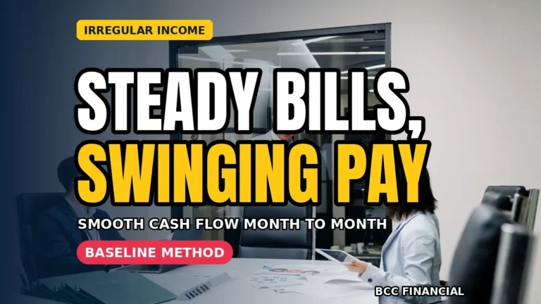 Owner building a cash flow irregular income business baseline budget on a laptop at a desk
