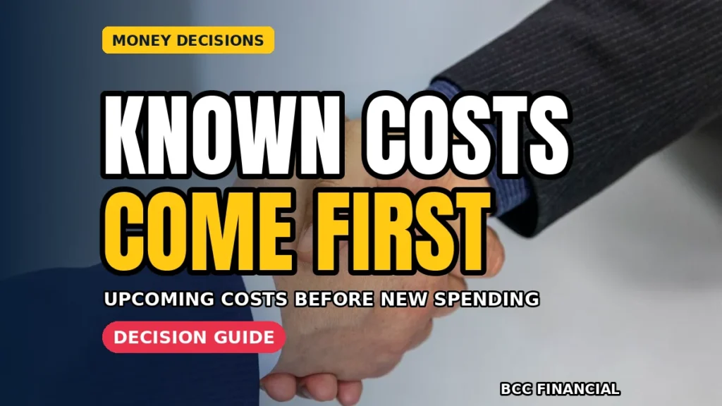 Notebook showing a four-step order for surplus cash: upcoming costs, reserve, planned purchases and goals