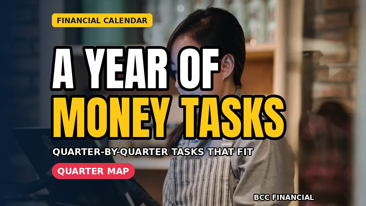 Small business owner building an annual financial calendar small business plan with quarterly tasks on a wall planner