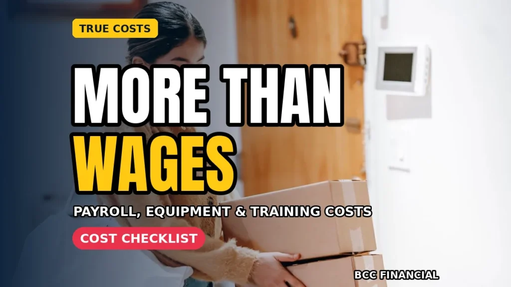 Checklist showing costs beyond wages for a first hire: payroll set-asides, tools, training time and a cash buffer