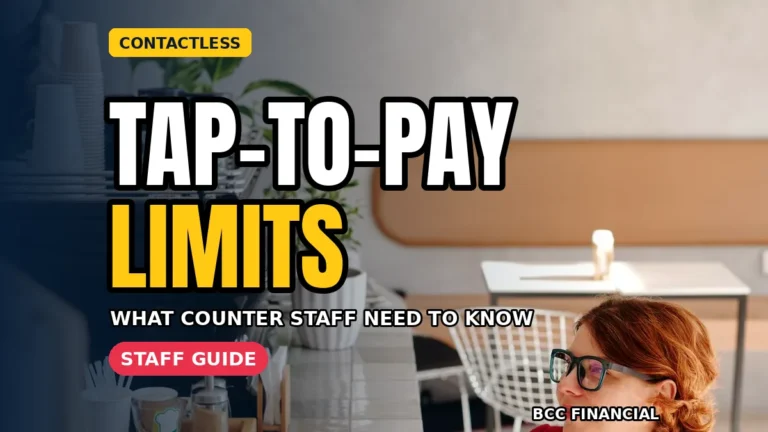 Counter staff explaining contactless payment limits business customers meet when a tap asks for a PIN