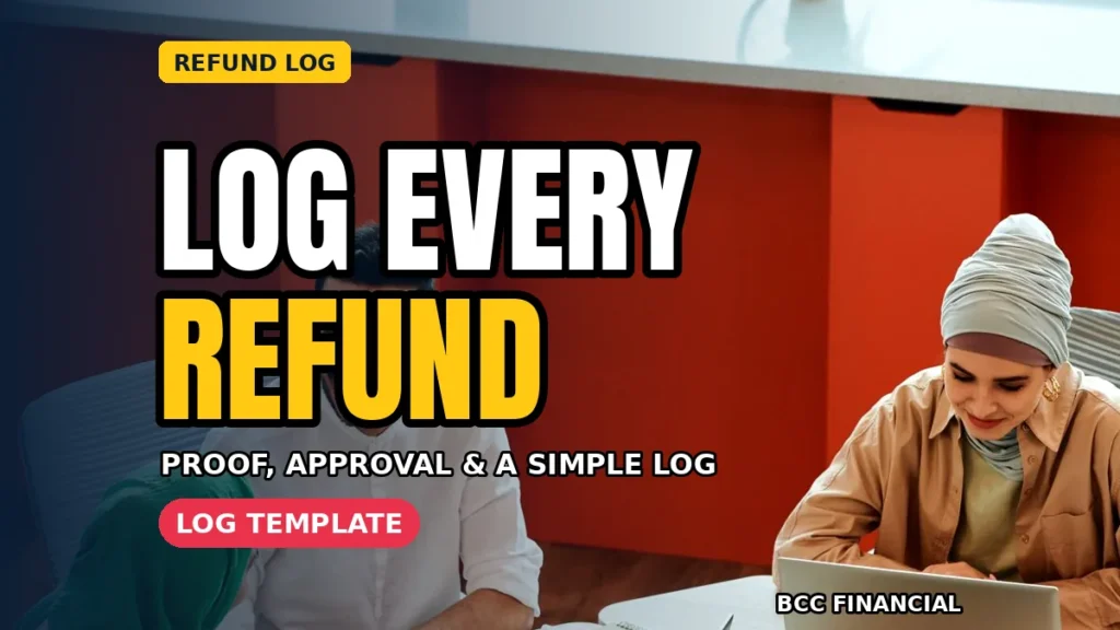 Staff member completing a refund log beside a card terminal in the in-article image