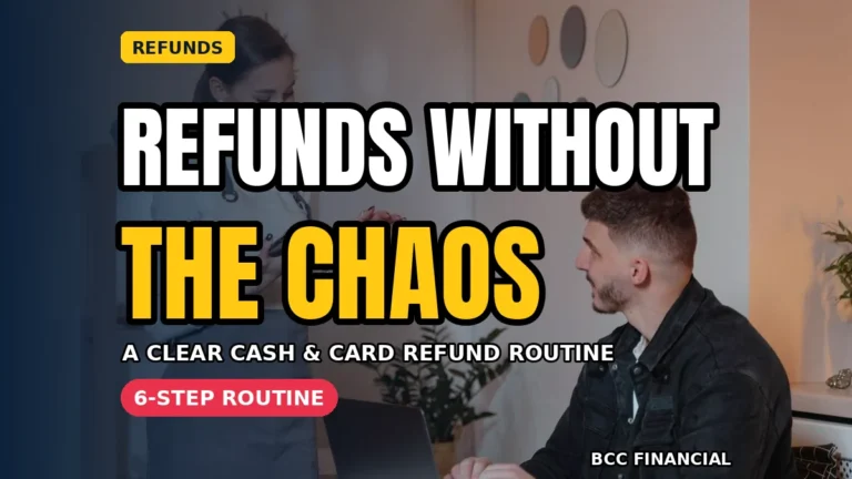 Business owner following a refund process small business checklist at the till for the featured image