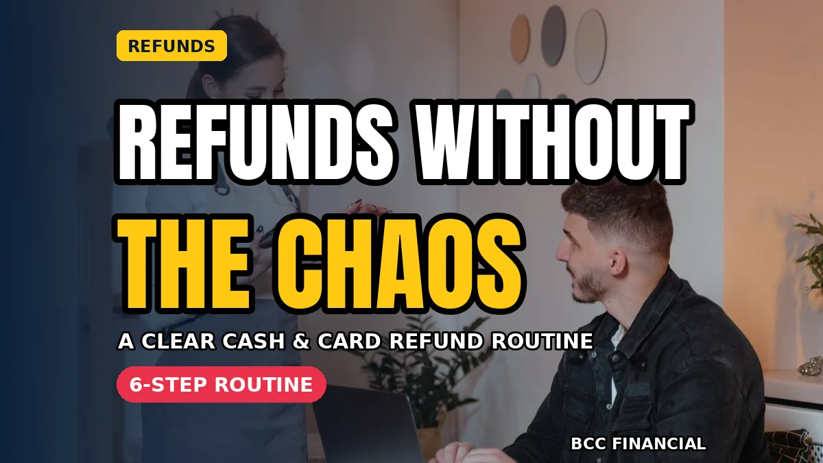 Business owner following a refund process small business checklist at the till for the featured image