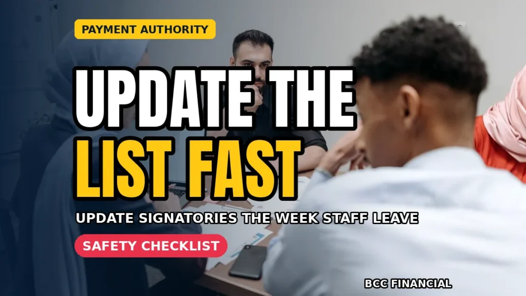 Manager updating a signatory register beside business banking documents in the in-article image
