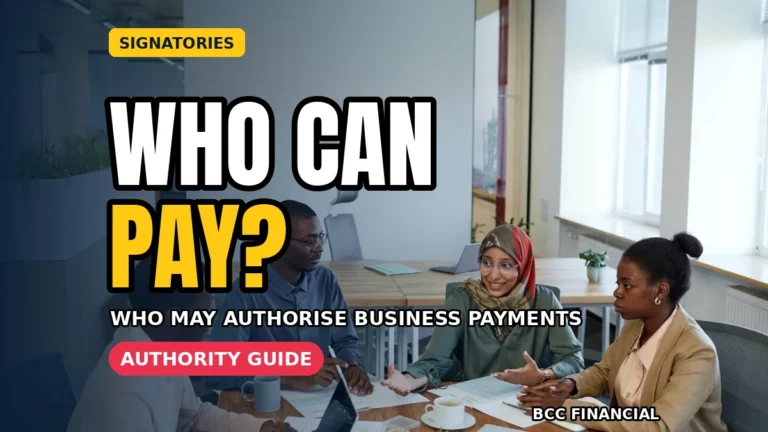 Owner reviewing business bank account signatories and approval limits for the featured image