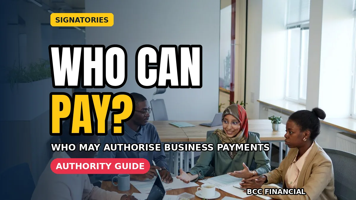 Owner reviewing business bank account signatories and approval limits for the featured image