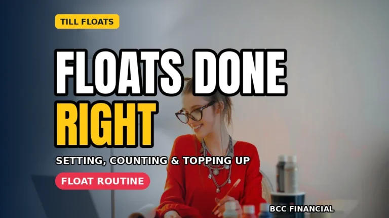 Cashier counting coins and notes as part of till float management for the featured image