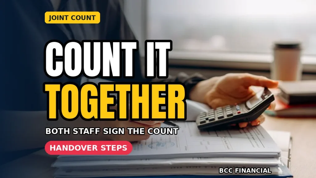 Incoming cashier counting notes jointly with a colleague in the in-article image