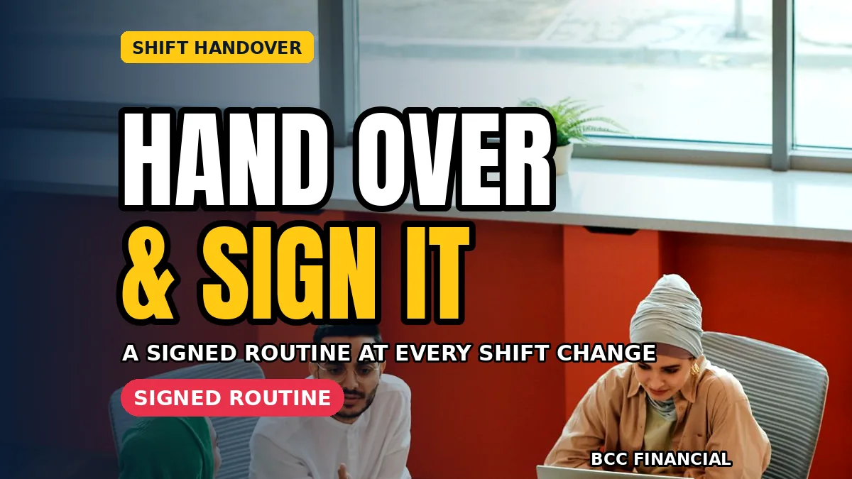 Two staff completing a signed cash handover between shifts at the till for the featured image