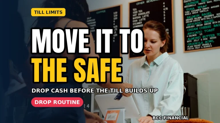 Cashier using a till cash limit drop safe routine to secure excess notes for the featured image
