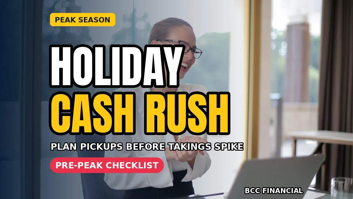 Business owner using peak season cash collection planning checklist beside a busy till and sealed cash bags