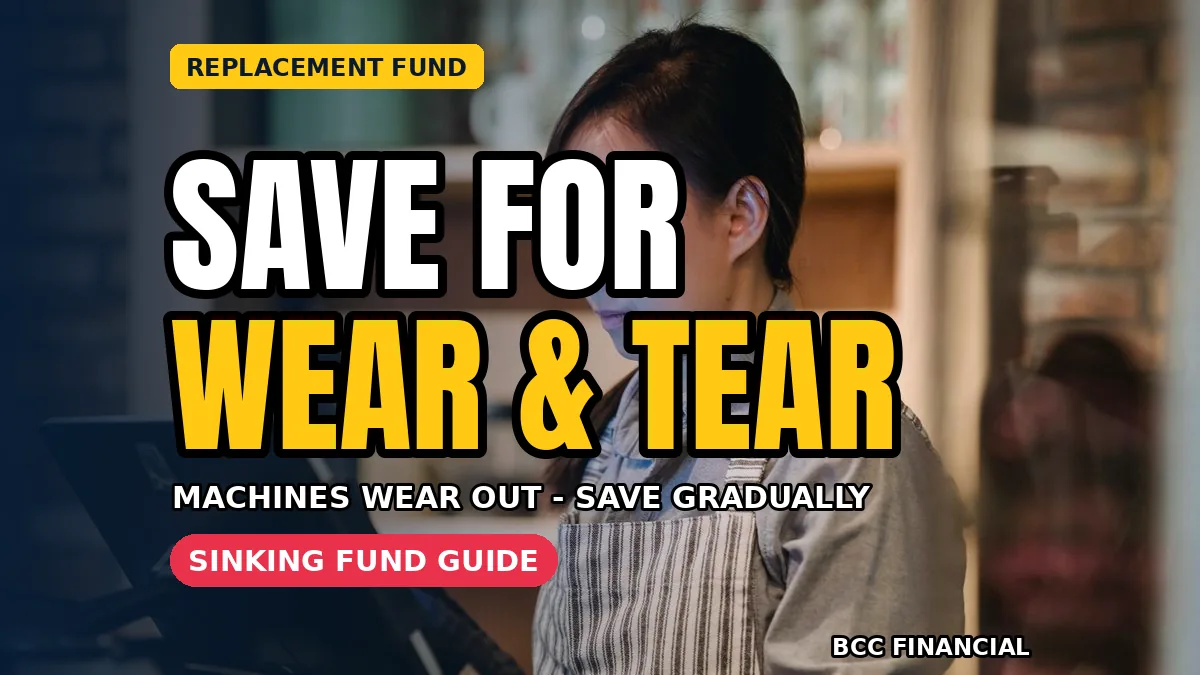 Workshop owner building an equipment replacement fund small business savings plan beside machinery