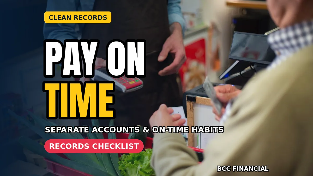 Bookkeeper filing invoices and payment confirmations for a business credit record