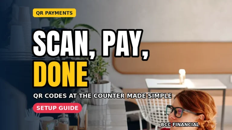 Customer using QR code payments for small business checkout at a bright shop counter