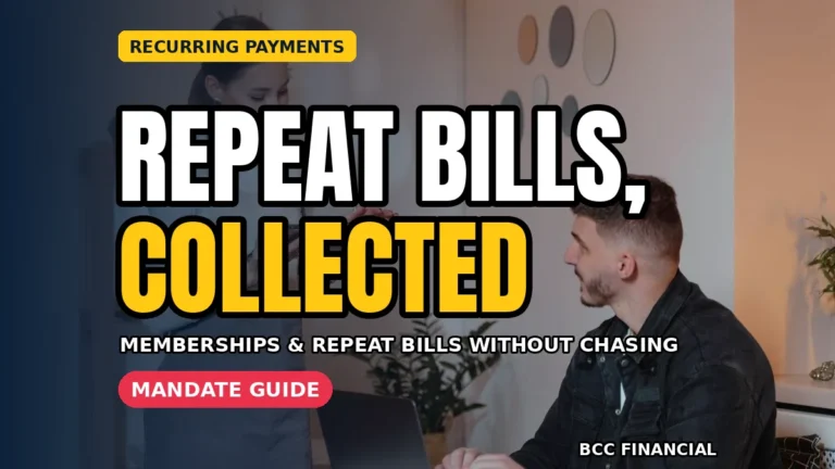 Recurring payments small business memberships explained by a business owner reviewing clear steps at a counter, BCC Financial guide