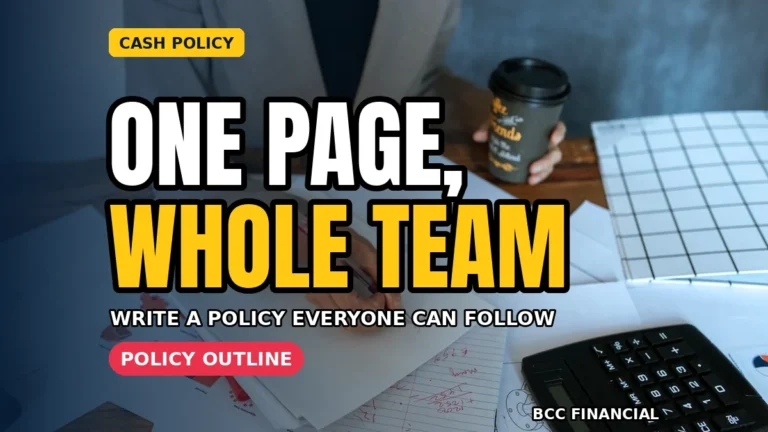 Cash handling policy template small business explained by a business owner reviewing clear steps at a counter, BCC Financial guide