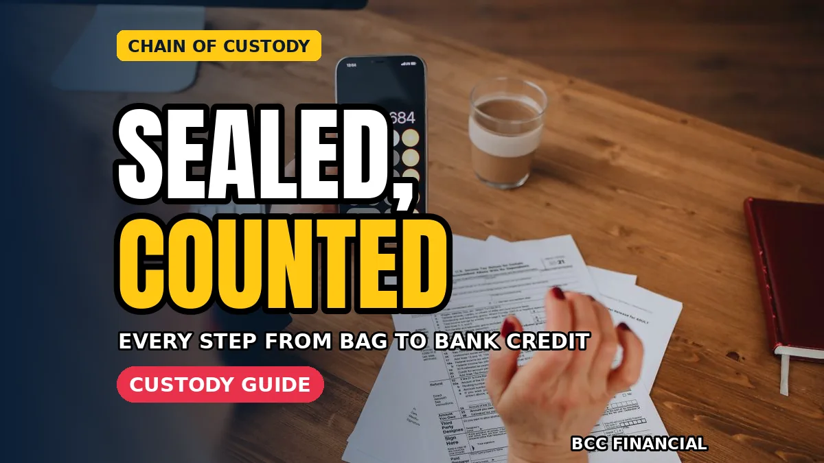 Sealed cash bag being checked against a collection receipt before secure transport to a processing centre