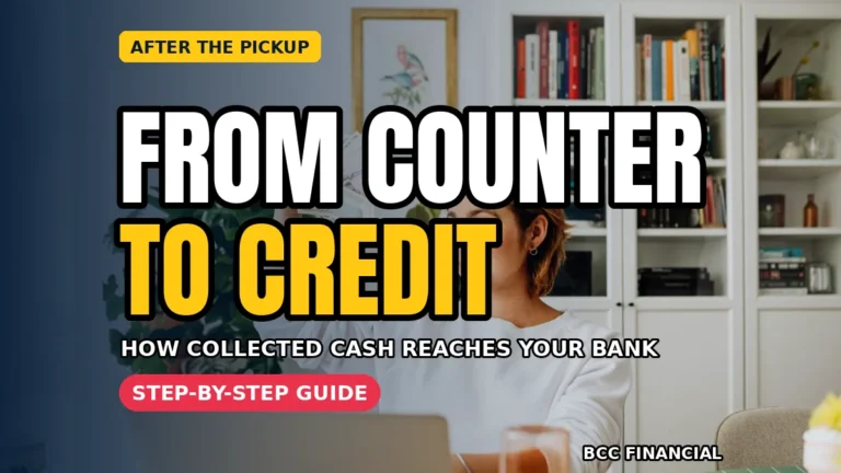 Designed graphic explaining how cash collection processing works from a shop counter to a verified bank credit