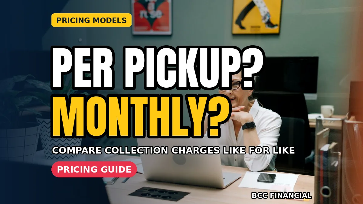 Designed graphic with cash collection service pricing explained through three clear charging models for business owners