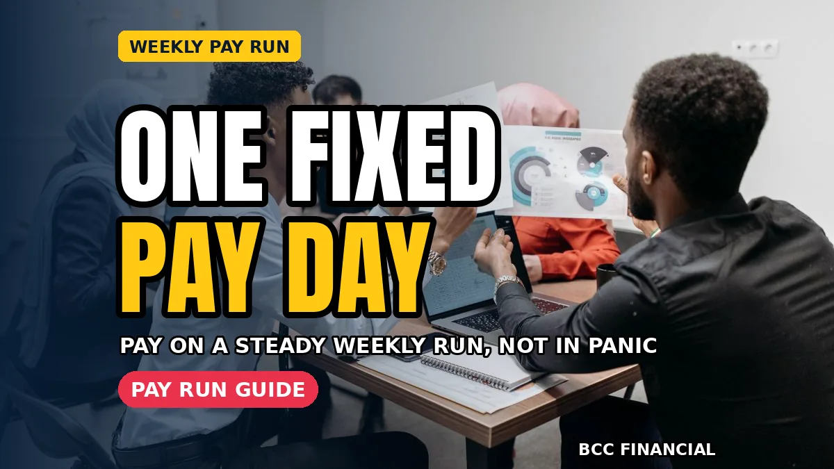 Business owner reviewing supplier invoices beside a calendar and bank balance before approving a weekly payment run