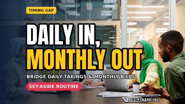 Designed graphic showing the cash flow timing gap daily takings monthly bills create and how daily set-asides bridge it