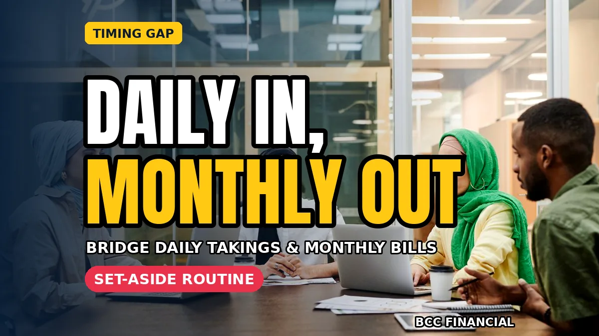 Designed graphic showing the cash flow timing gap daily takings monthly bills create and how daily set-asides bridge it