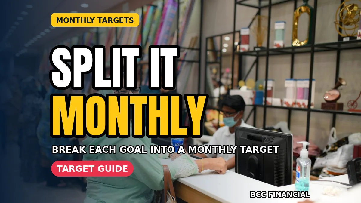 Wall planner showing monthly target boxes written in plain handwriting