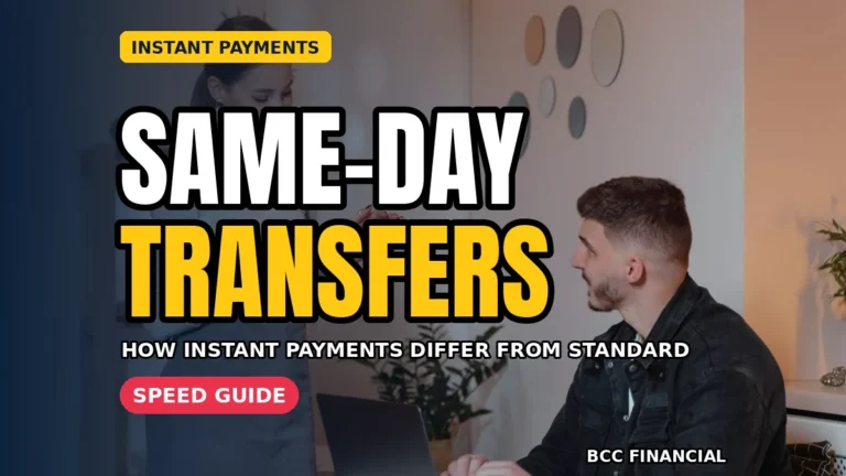 Business owner checking instant payments for small business explained on a banking app at the counter