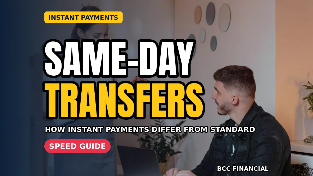 Business owner checking instant payments for small business explained on a banking app at the counter