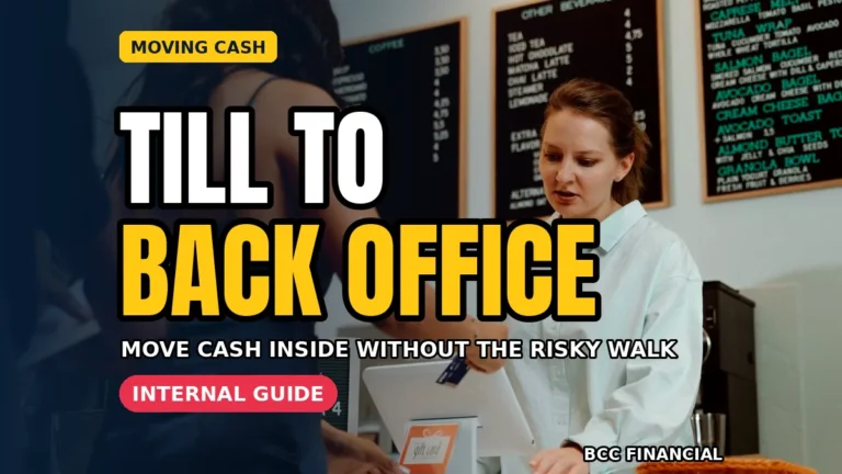 Staff member moving cash safely inside business premises along a clear staff-only corridor
