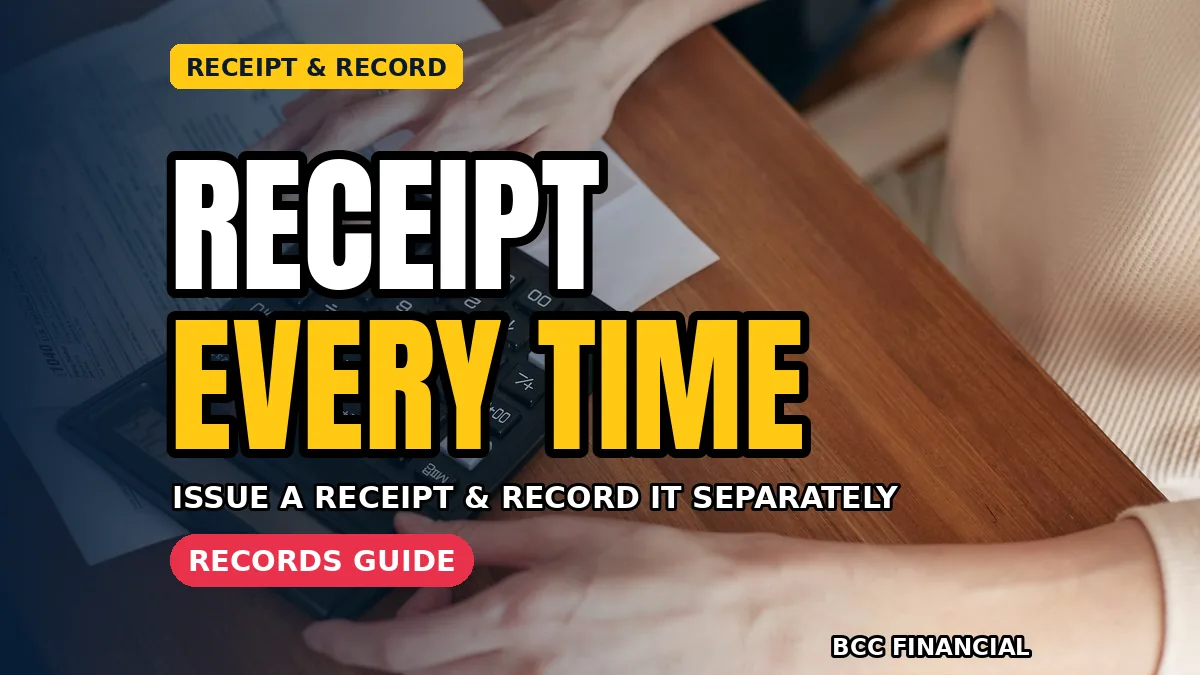 A clear written receipt and payment record placed beside securely stored cash takings in an office