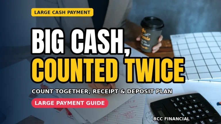 Cashier following accepting large cash payments business procedures while counting notes with a customer