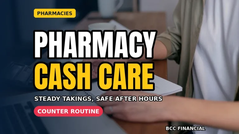 Designed graphic about cash collection for pharmacies showing a pharmacy assistant securing counter takings in a locked safe