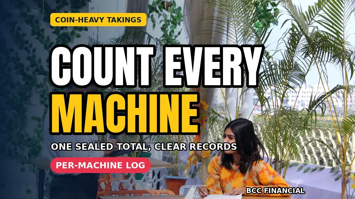 Operator recording one vending machine's coin takings on a round sheet before sealing them for the combined collection