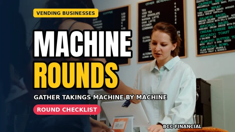 Designed graphic about cash collection vending machine businesses showing an operator emptying a machine on a planned round