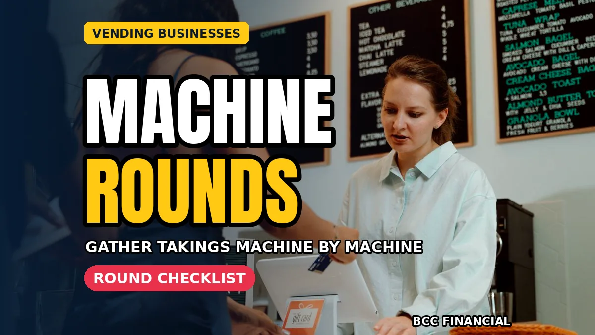 Designed graphic about cash collection vending machine businesses showing an operator emptying a machine on a planned round