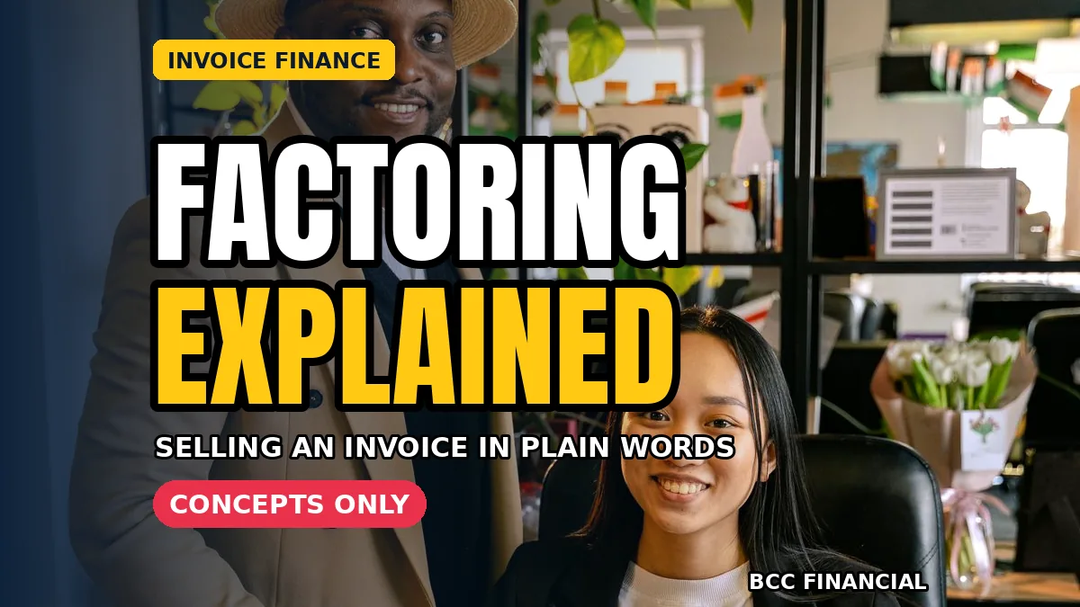 Designed graphic with invoice factoring explained small business wording showing an owner reviewing an unpaid invoice at a desk