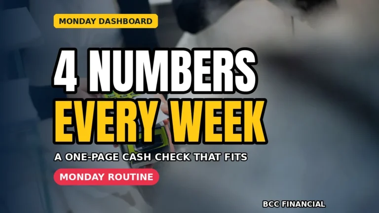 Owner checking cash flow dashboard numbers small business sheet on a Monday morning
