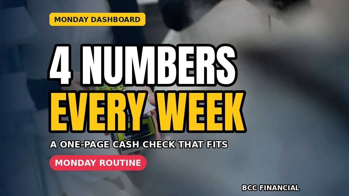Owner checking cash flow dashboard numbers small business sheet on a Monday morning
