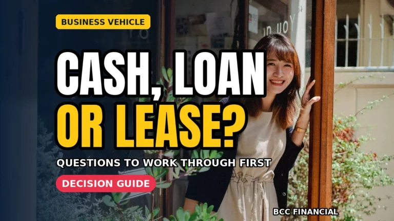 Owner comparing buying a business vehicle finance options beside a work van